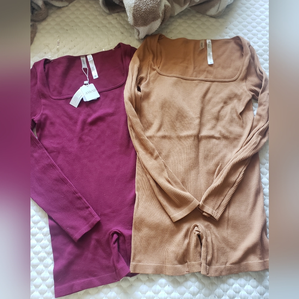 Long Sleeve Ribbed Bodysuits in Burgundy and Tan